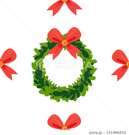 Christmas wreath with red bow seamless pattern. Whimsical christmas pattern 141966850