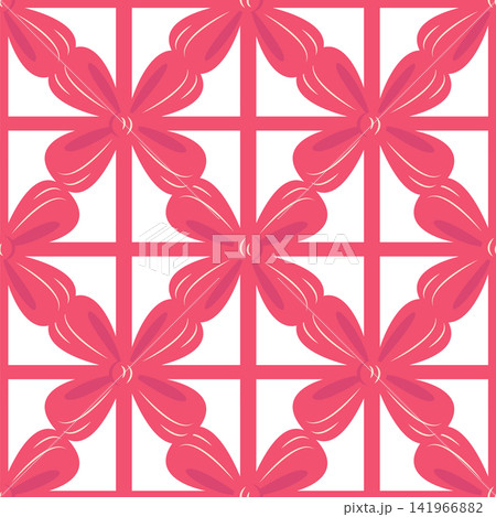 Red bow on gift wrapping, seamless pattern. Argyle cute diamond pattern with bows Red bow on gift wrapping, seamless pattern. Argyle cute diamond pattern with bows 141966882