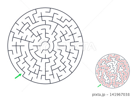 Circular Labyrinth with solution, maze for kids and adults, educational puzzle, isolated on white background Circular Labyrinth with solution, maze for kids and adults, educational puzzle, isolated on white background 141967038