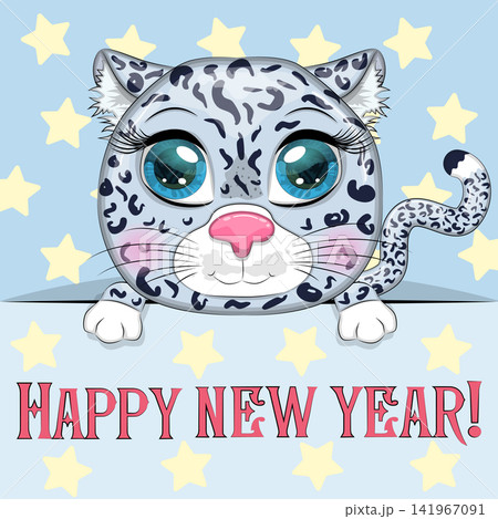 New Year s card with cute animal and inscription. Cartoon style, big eyes snow leopard New Year s card with cute animal and inscription. Cartoon style, big eyes snow leopard 141967091