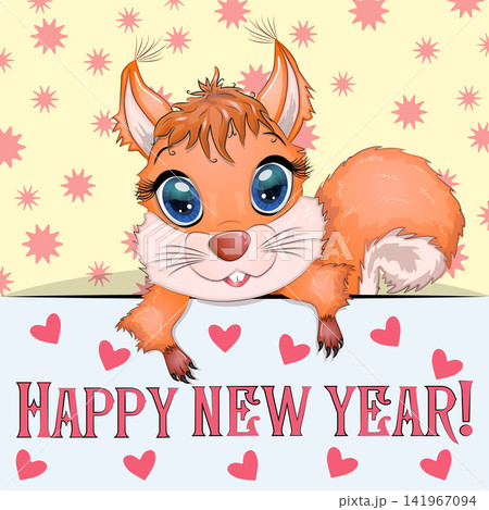 New Year s card with cute animal and inscription. Cartoon style, big eyes squirrel New Year s card with cute animal and inscription. Cartoon style, big eyes squirrel 141967094