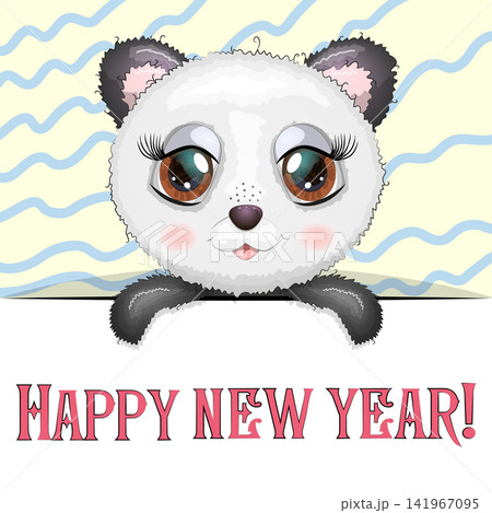 New Year s card with cute animal and inscription. Cartoon style, big eyes panda New Year s card with cute animal and inscription. Cartoon style, big eyes panda 141967095