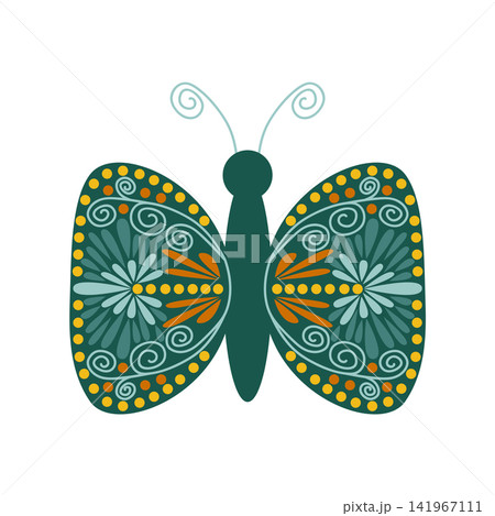 A set of butterfly floral design elements. Folk-style elements with geometric shapes and delicate symmetrical wings 141967111