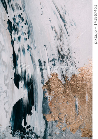 Gilded canvas. Abstract texture. Metallic gold leaf foil with gray white beige color ink blend strokes on art background. Gilded canvas. Abstract texture. Metallic gold leaf foil with gray white beige color ink blend strokes on art background. 141967451