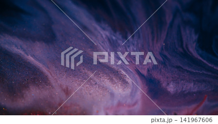 Acrylic spill defocused. Shiny liquid texture. Pink purple particles wet blending color on dark paint pigment abstract background. Acrylic spill defocused. Shiny liquid texture. Pink purple particles wet blending color on dark paint pigment abstract background. 141967606