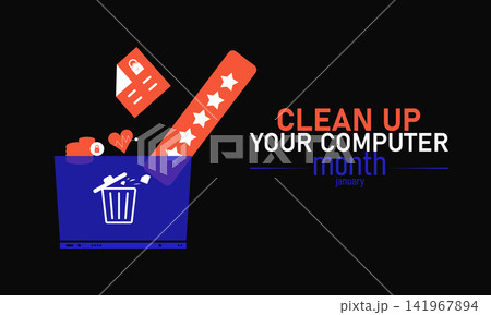 National Clean Up Your Computer Month Poster Banner and Background Design Template Featuring Laptop Icon Digital Tools and Maintenance Symbols for Tech Organization Productivity and January Cleanup 141967894