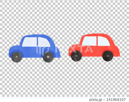 A set of hand-drawn watercolor-style illustrations of a red car and a blue car, without outlines. 141968107