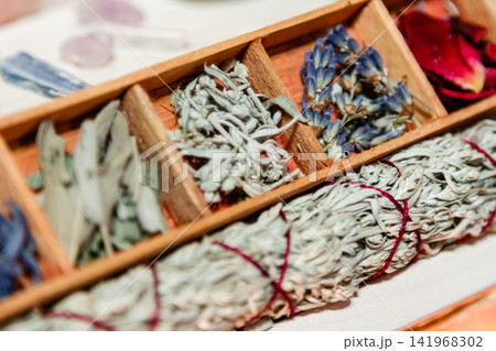 set of dried herbs delphinium, sage, wormwood, lavender, rose. Wormwood wand 141968302