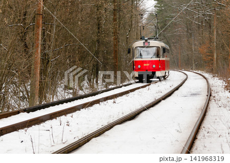 rushing tram through the winter forest rushing tram through the winter forest 141968319