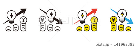 電気料金のアイコン。電球とグラフのイラスト。電気代の値上げ、値下げ。節電や生活費。 141968385