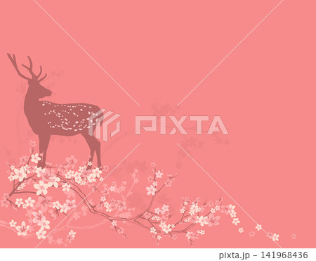 spring cherry blossom tree branches and standing wild deer vector copy space background 141968436