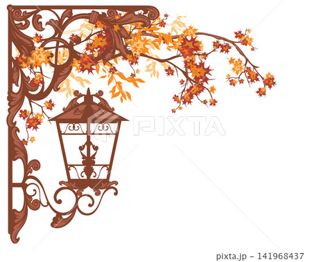 bright autumn season tree branches and antique street light vector design bright autumn season tree branches and antique street light vector design 141968437