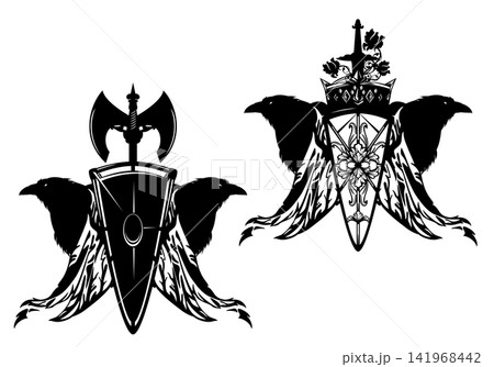 heraldic shield with raven bird profile head and wing, crown, axe and sword vector design heraldic shield with raven bird profile head and wing, crown, axe and sword vector design 141968442