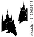 black vector silhouette profile portrait of medieval fantasy bearded king wearing royal crown with castle outline 141968443