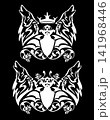 howling wolves with crown, heraldic shield and roses white vector outline over black 141968446