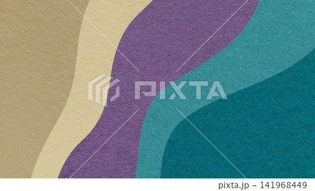 Abstract fluid wavy layered textured paper background in beige, violet, teal colors, flowing curved shapes for banner template 141968449