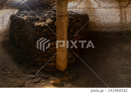 Stack of dried dung bricks arranged in a rectangular pile, traditionally used as fuel. Stack of dried dung bricks arranged in a rectangular pile, traditionally used as fuel. 141968582