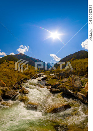 Mountain River Cascading Through Autumn Valley Mountain River Cascading Through Autumn Valley 141968585