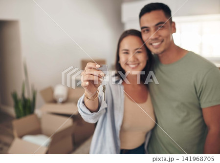 Portrait, couple and happy in new home with keys for moving in, satisfied and confident with ownership. Property, relationship and smile with unpacking furniture, excited and positive with property Portrait, couple and happy in new home with keys for moving in, satisfied and confident with ownership. Property, relationship and smile with unpacking furniture, excited and positive with property 141968705