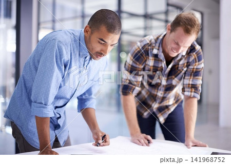 Happy, architect and contractor with blueprint discussing building plans and construction in office. Men, architecture and meeting for planning project or home renovations and ideas for collaboration Happy, architect and contractor with blueprint discussing building plans and construction in office. Men, architecture and meeting for planning project or home renovations and ideas for collaboration 141968752