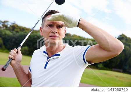 Man, outdoor and looking for ball in golf game on course to see progress in sport or competition. Athlete, search distance or find target practice on turf of club or person thinking about lost shot Man, outdoor and looking for ball in golf game on course to see progress in sport or competition. Athlete, search distance or find target practice on turf of club or person thinking about lost shot 141968760