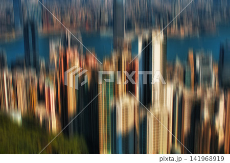 Blur, water and buildings in city for outdoor with travel for art, creative or illusion. Architecture, ocean and construction apartment, office or skyscraper development in urban town in New York. Blur, water and buildings in city for outdoor with travel for art, creative or illusion. Architecture, ocean and construction apartment, office or skyscraper development in urban town in New York. 141968919