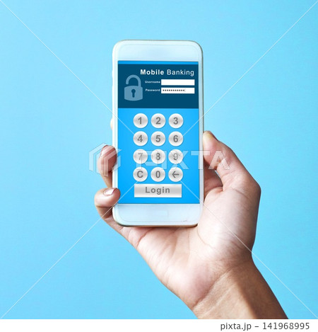 Hand, screen and smartphone with internet banking or transaction with mobile app and login on blue background. Savings, budget and shopping with digital nomad, fintech and authentication or security Hand, screen and smartphone with internet banking or transaction with mobile app and login on blue background. Savings, budget and shopping with digital nomad, fintech and authentication or security 141968995