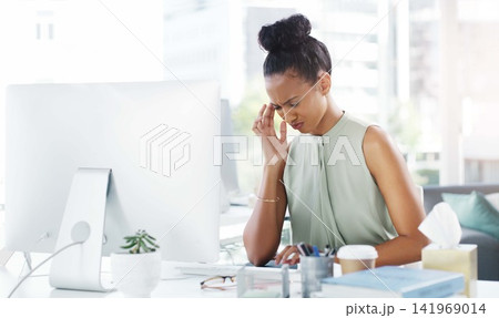 Administrator, stressed and business woman on computer, planning and schedule for company on technology. Receptionist, system administration and vision, working on company website with headache Administrator, stressed and business woman on computer, planning and schedule for company on technology. Receptionist, system administration and vision, working on company website with headache 141969014