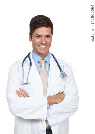 Smile, man and doctor with stethoscope and arms crossed in portrait for medicare or healthcare in studio. Happy, male person and surgeon with confidence, trust and support for cardiology or medicine 141969064