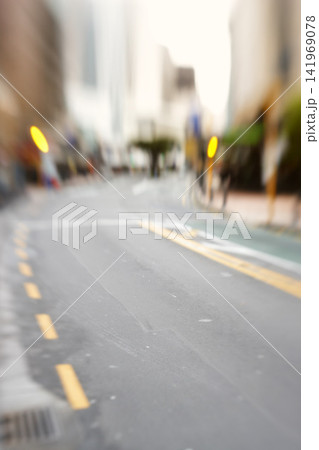 City, blurred and downtown street for morning commute with buildings, asphalt and social migration. Traffic, light and empty road with motion for urban travel, infrastructure and transport in London. 141969078