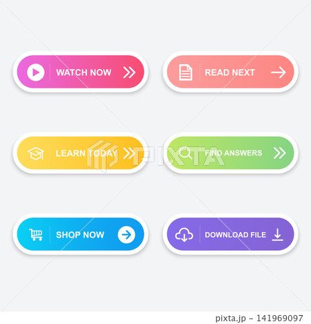 Modern call to action button collection with colorful gradient capsules, rounded frames, bold typography, white icons, arrows, and options for watching, reading, learning, search, shopping, and downlo 141969097