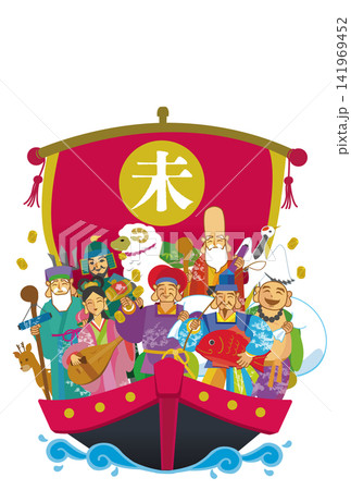 2027年　宝船に乗った七福神の手描き和風イラスト 141969452