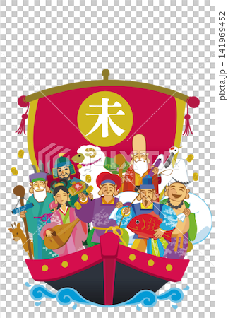 2027年　宝船に乗った七福神の手描き和風イラスト 141969452