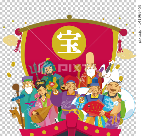 宝船に乗った七福神の手描き和風イラスト 宝船に乗った七福神の手描き和風イラスト 141969459