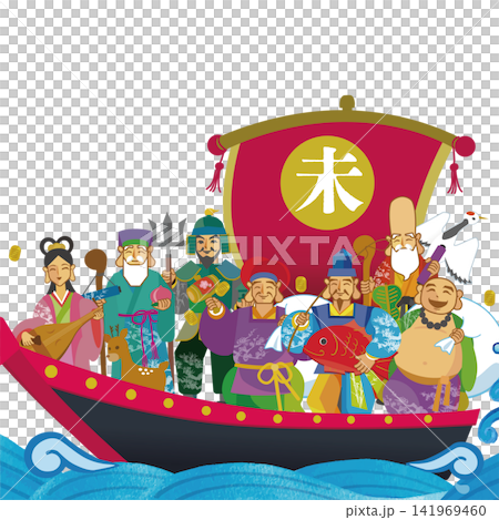 寶船上的七福神手繪日式插畫 寶船上的七福神手繪日式插畫 141969460