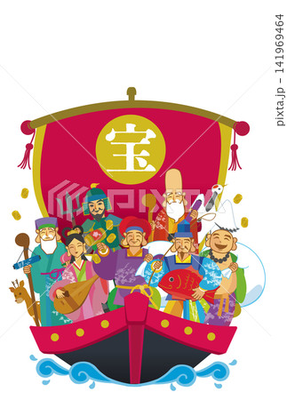宝船に乗った七福神の手描き和風イラスト 141969464