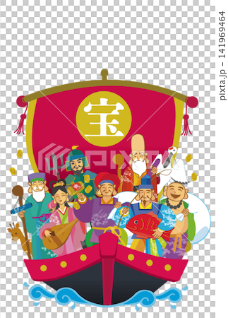 Hand-drawn Japanese-style illustration of the Seven Lucky Gods on a treasure ship Hand-drawn Japanese-style illustration of the Seven Lucky Gods on a treasure ship 141969464