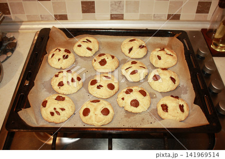 Chocolate cookies on a baking sheet Chocolate cookies on a baking sheet 141969514