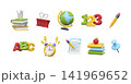 3D School Education Icons Set. Collection of educational and stationery elements for school, classroom, studying, learning, academic design, back to school projects, and teaching materials. 141969652