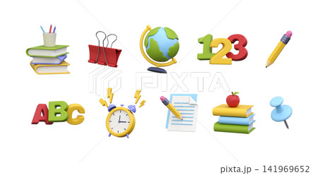 3D School Education Icons Set. Collection of educational and stationery elements for school, classroom, studying, learning, academic design, back to school projects, and teaching materials. 141969652