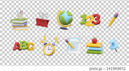 3D School Education Icons Set. Collection of educational and stationery elements for school, classroom, studying, learning, academic design, back to school projects, and teaching materials. 141969652