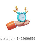 Colorful 3D illustration of a hand holding an alarm clock 141969659