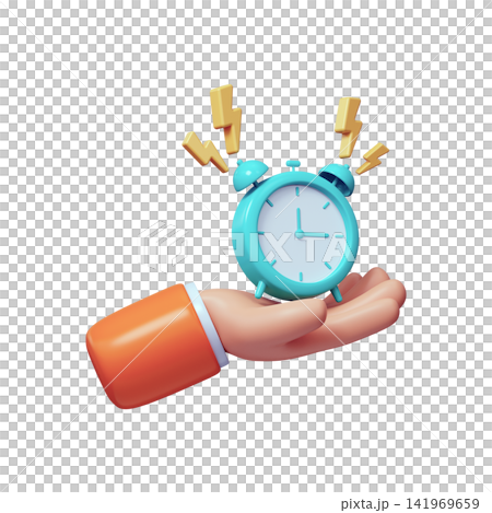 Colorful 3D illustration of a hand holding an alarm clock Colorful 3D illustration of a hand holding an alarm clock 141969659