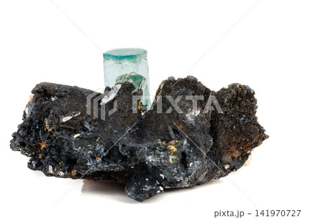 Macro mineral stone Aquamarine and black tourmaline, Schorl on a white background Macro mineral stone Aquamarine and black tourmaline, Schorl on a white background 141970727