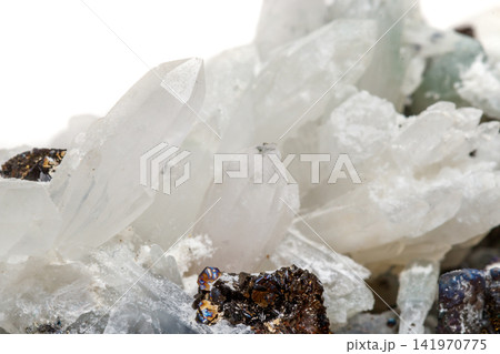 Macro mineral stone Drusus quartz with sphalerite in the rock a white background 141970775