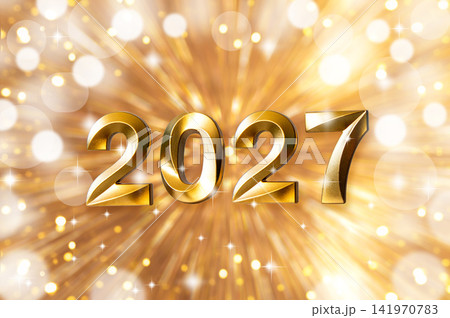 Golden 2027 New Year celebration numbers with sparkling bokeh background and festive light rays Golden 2027 New Year celebration numbers with sparkling bokeh background and festive light rays 141970783