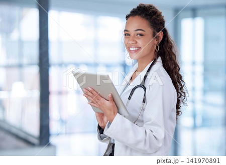 Portrait, woman and doctor with tablet, smile and telehealth for medical research, online schedule and career. Face, person or medical with professional, technology and news for breakthrough medicine Portrait, woman and doctor with tablet, smile and telehealth for medical research, online schedule and career. Face, person or medical with professional, technology and news for breakthrough medicine 141970891