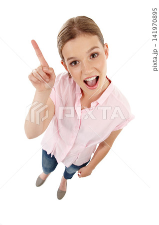 Surprise, woman and portrait pointing for promotion, advertising or marketing with mockup space from above angle on white background. Wow, gen z girl or hands to show logo, icon or in studio backdrop 141970895