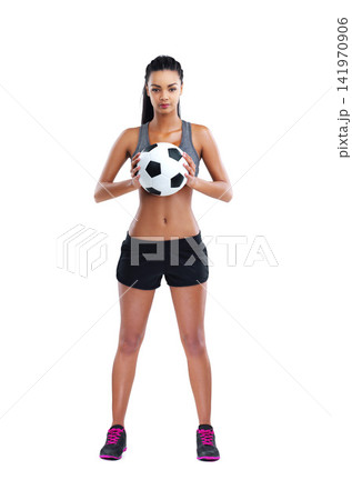 Soccer, portrait and woman ready with ball in studio for match, game or kick off on white background. Sports, football and confident female person for training, workout or fitness on mockup space 141970906