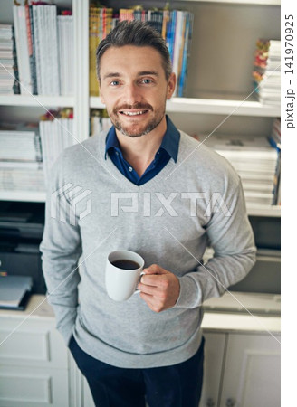 Professor, portrait and office with teacher man, smile and happy with bookshelf and books for information. Educational development, lecturer for university students or advisor for teaching and coffee 141970925